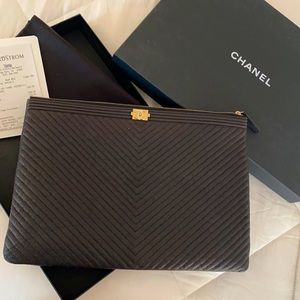 Chanel O Case Clutch Chevron Caviar Large